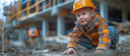 small boy dressed like a builder
