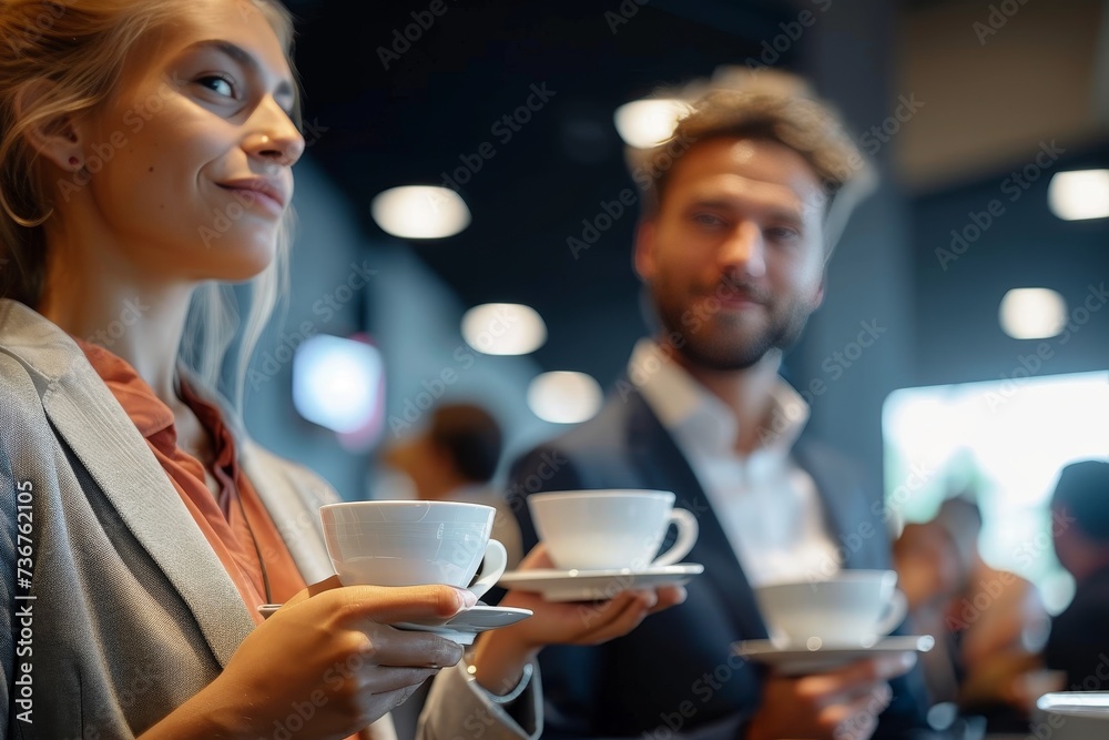 Two professionals in a coffee shop holding white cups, enjoying a break, with a blurred background