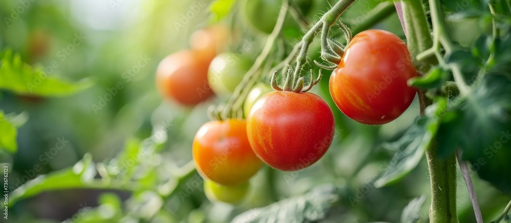 Plump tomatoes, cherry tomatoes, and bush tomatoes are growing on a vine in a greenhouse. These fruits are natural foods and versatile ingredients in various dishes - obrazy, fototapety, plakaty 