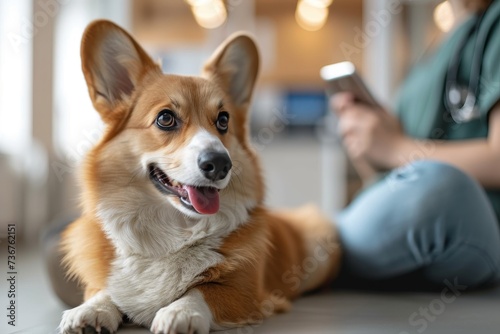 A resting Welsh Corgi on the floor looks towards its blurred owner in a warm indoor setting  highlighting companionship