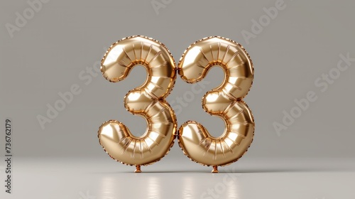 Gold number 33 balloons on a simple background, symbolizing a 33rd birthday or anniversary celebration. photo