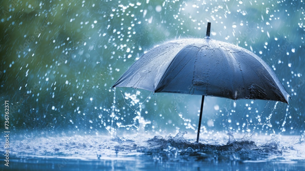 umbrella under rain against water drops splash background. Rainy weather concept