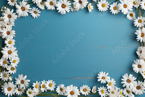 A frame made of a large number of daisies on a light blue background. © kvladimirv