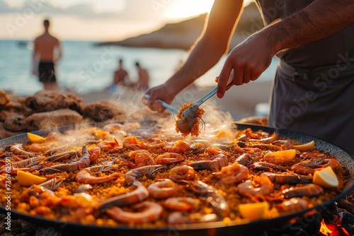 Warm evening lighting highlights a person serving fresh seafood paella, capturing the essence of an outdoor dining experience