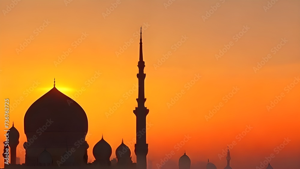 Silhouette of a mosque on a background of sunrise.