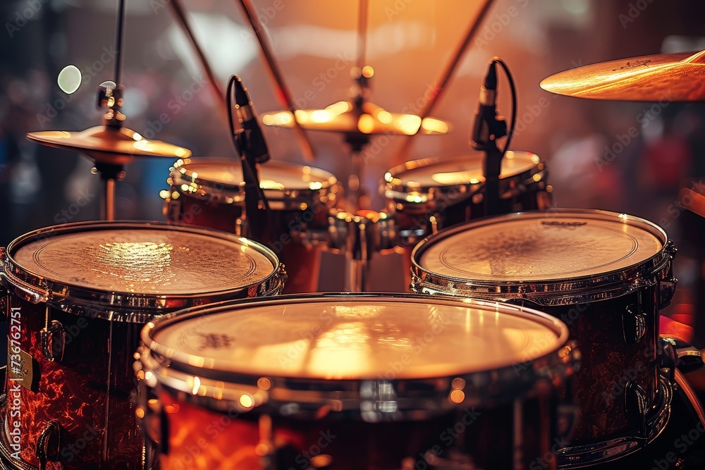 Obraz premium This professionally arranged drum set basks in the glow of warm stage lighting, ready for a vibrant live music performance with its shiny cymbals and drumsticks in place
