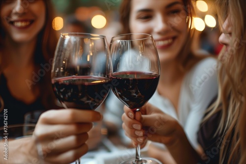 Group of friends cheers with red wine glasses, atmosphere of warmth and joy