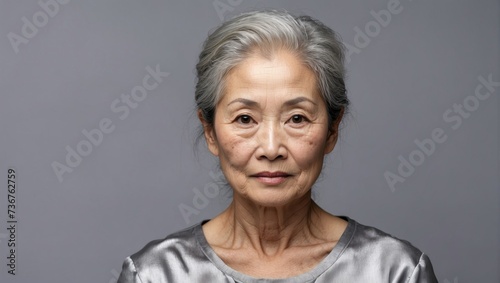 beautiful asian eldery woman portrait silver gray photo