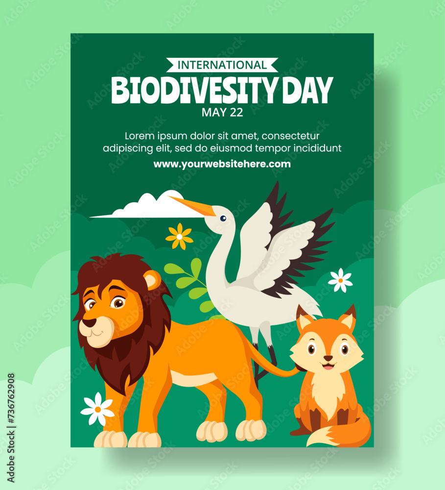 Fototapeta premium Biodiversity Day Vertical Poster Flat Cartoon Hand Drawn Templates Background Illustration
