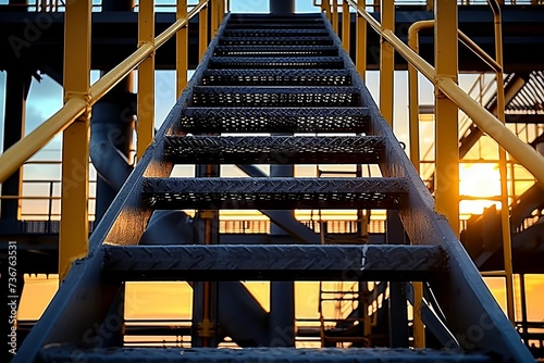 An industrial metal staircase with anti-slip steps against the backdrop of a sunset and a yellow railing photo
