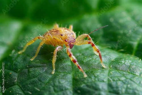 This image captures a yellow spider's sharp details against the vibrant texture of a green leaf