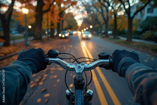 Biker, man riding a bicycle on a road in evening, activity save energy
