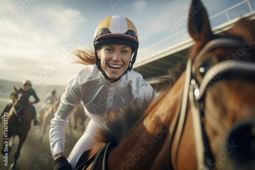 Female jockey racing on horseback, enthusiasm evident in her smile