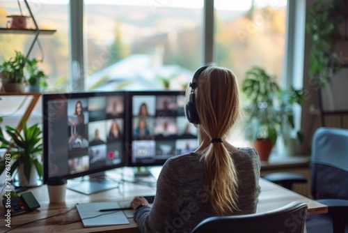 Free Download Video Conference, Woman talking to some colleagues in online business meeting while working at home - GFXLoad