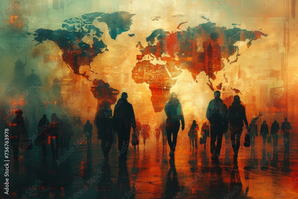 Silhouetted people before a luminous global map - obrazy, fototapety, plakaty 