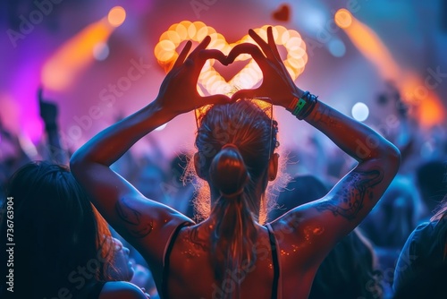 A person holding up a glowing heart symbol with their hands at a night time festival, with people and lights © LifeMedia