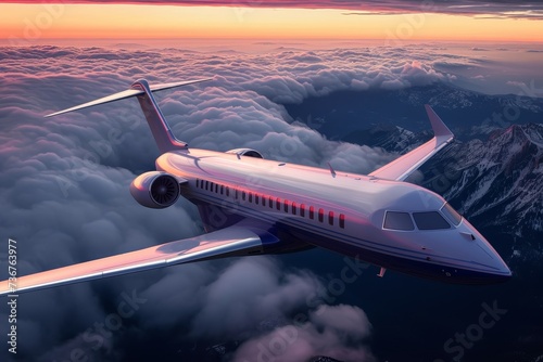 A luxurious private jet flying high above breathtaking clouds and mountain peaks during a striking sunset photo