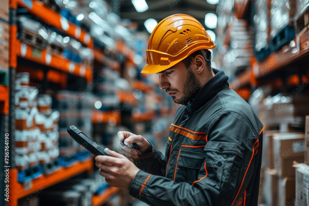 Engineer Verifying Delivery with Computer in Warehouse Engineer Verifying Delivery with Computer in Warehouse
