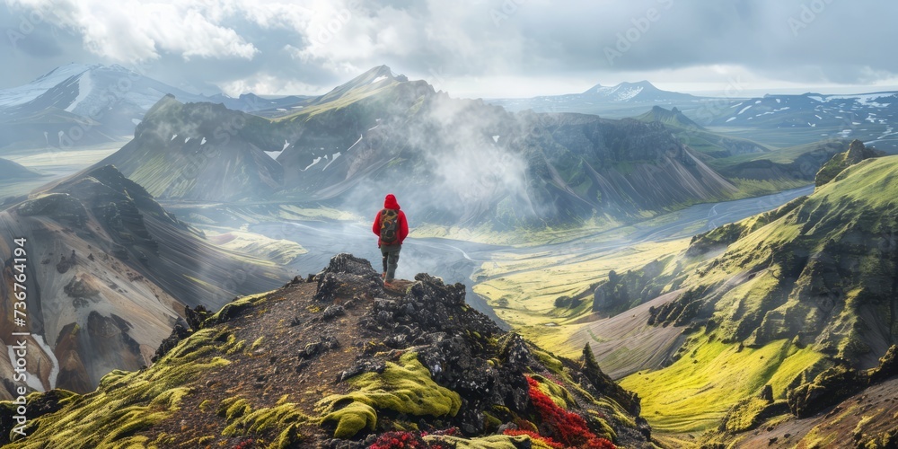 Travel Adventures: Exciting image of a person exploring a breathtaking mountain landscape, inspiring wanderlust
