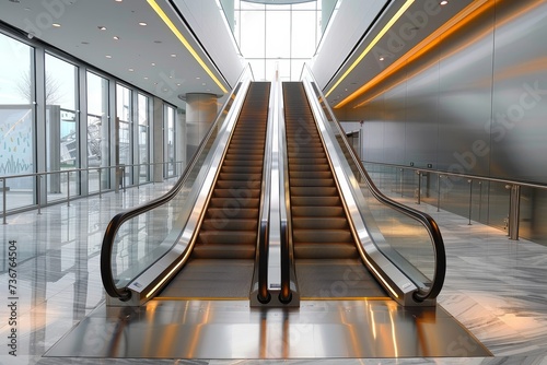 A sleek, modern design escalator in a brightly illuminated commercial building with glass balustrades and metallic finish