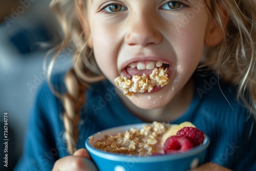 A young child is seen from a close perspective  holding a bowl of cereal garnished with a handful of berries and a slice of banana