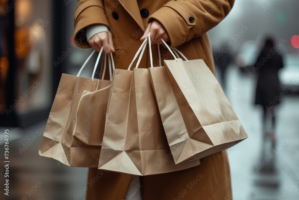 The image captures hands holding several paper shopping bags, highlighting consumer culture and the joy of shopping