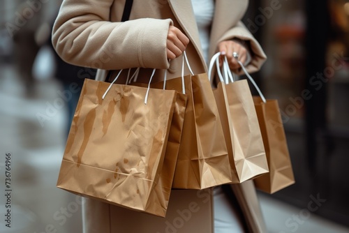 A consumer holds multiple paper shopping bags, ready to continue their shopping spree in the city
