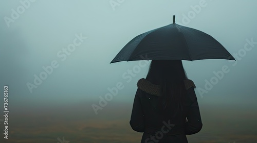 Woman with umbrella looking into the fog  from behind 