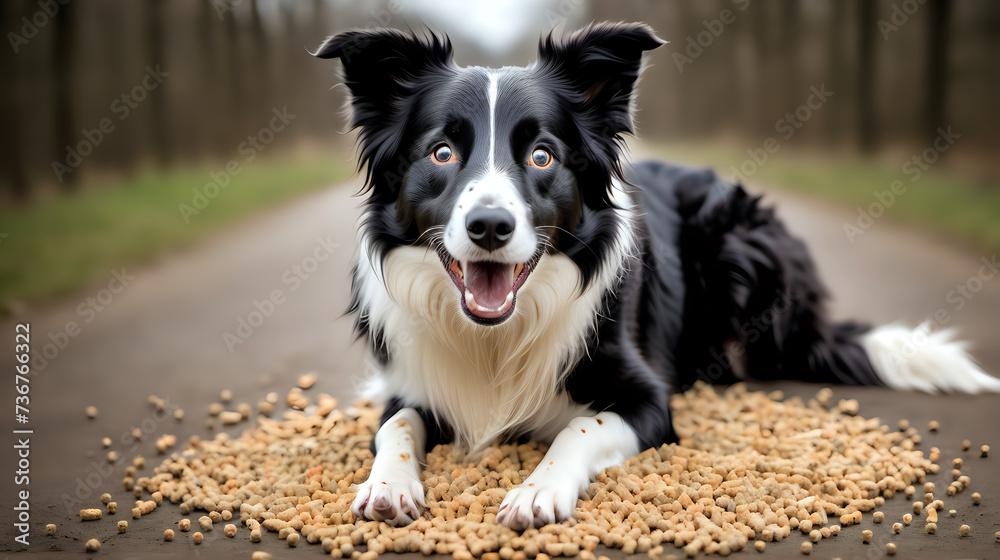 A happy border collie dog with pellets of dry food.