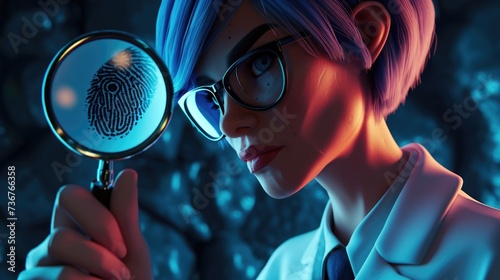 Cartoon digital avatar of a forensic scientist holding a magnifying glass and examining a fingerprint on a piece of evidence.