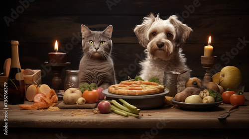 Dog and cat eating food on the table.