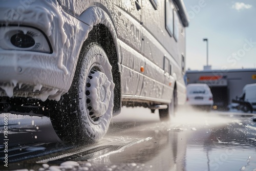 A close-up image showing the process of cleaning an RV with a high-pressure water hose, focusing on the wheel