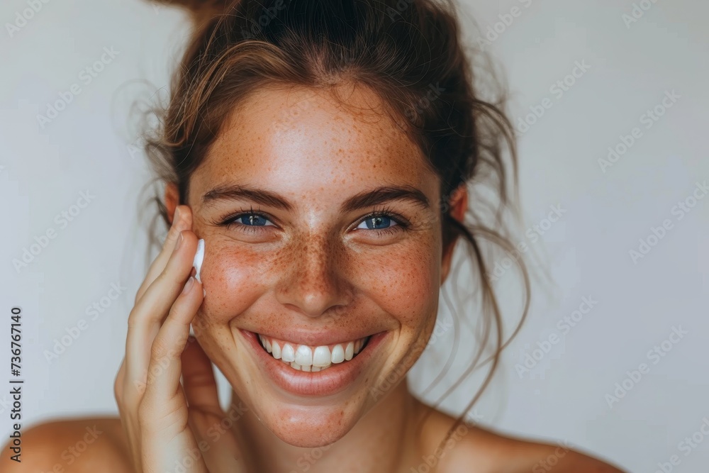 Radiant woman with freckles smiling and touching her face, expressing joy and beauty Radiant woman with freckles smiling and touching her face, expressing joy and beauty