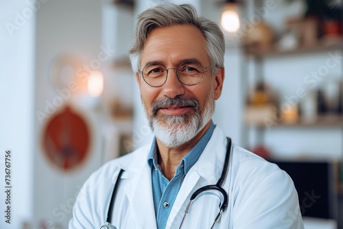 Portrait of a senior doctor with a stethoscope in a medical clinic, exuding confidence and professionalism