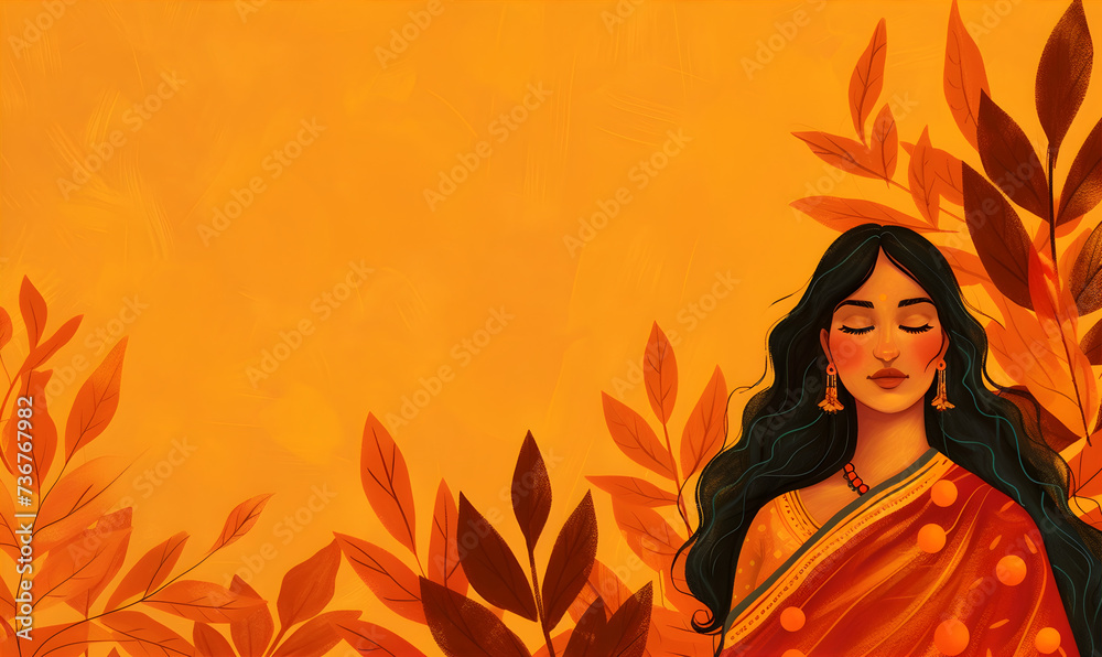 Illustration with a woman with closed eyes dressed in traditional Indian attire on the orange background with leaves. Copy space. Gudi Padva. Ugadi festival in India. Martahi new year concept.