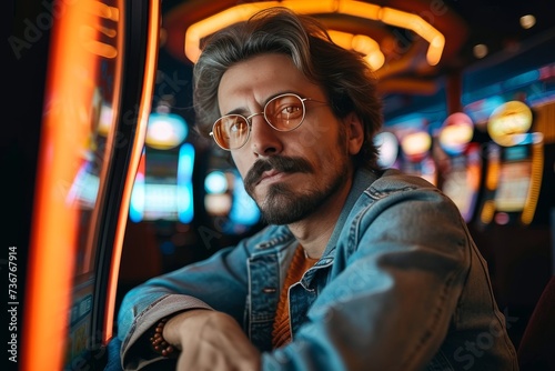 Stylish man with retro glasses and facial hair sitting in a casino with colorful lights © LifeMedia