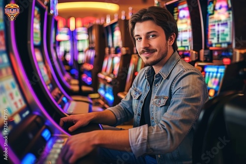 Cheerful young man with a denim jacket enjoying his time at a row of casino slot machines