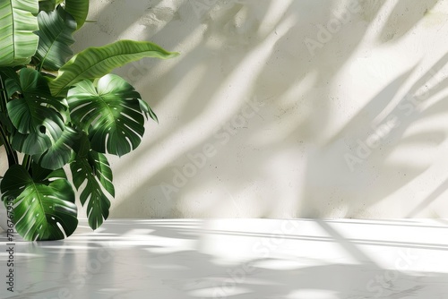 Lush green tropical plants casting soft shadows on a white textured wall and marble floor, creating a serene environment