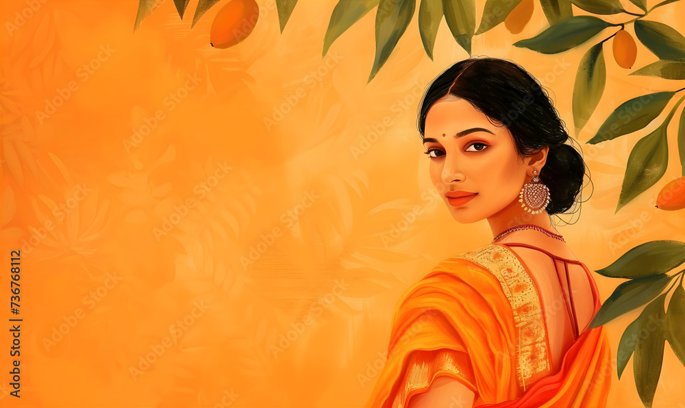 Illustration with a woman dressed in traditional Indian sarees on the orange background and branch with mango. Copy space. Gudi Padva. Ugadi festival in India. Martahi new year concept.