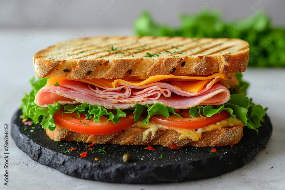A perfectly grilled ham and cheese sandwich with fresh vegetables on crisp bread A perfectly grilled ham and cheese sandwich with fresh vegetables on crisp bread