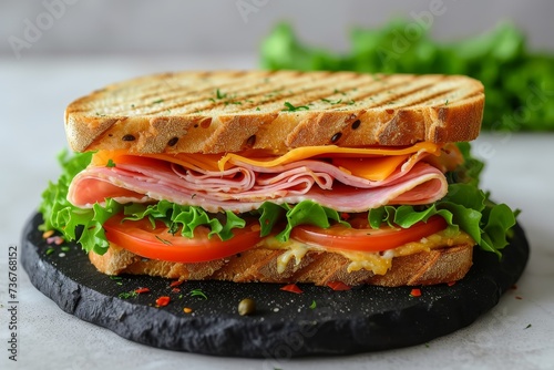 A perfectly grilled ham and cheese sandwich with fresh vegetables on crisp bread