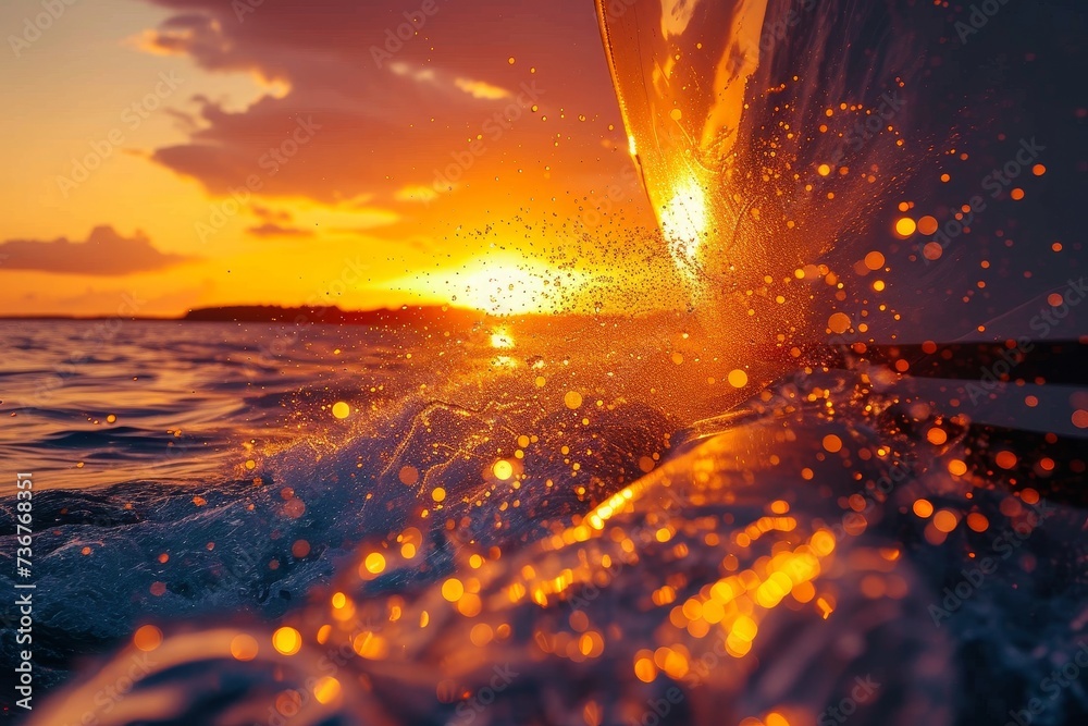 Dynamic image capturing the motion of a yacht at sunset, with vivid ...
