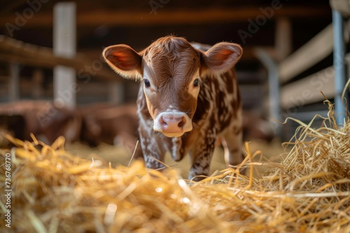 Image captures the soft, sunlit ambient of an inquisitive calf surrounded by golden straw in a peaceful barn setting