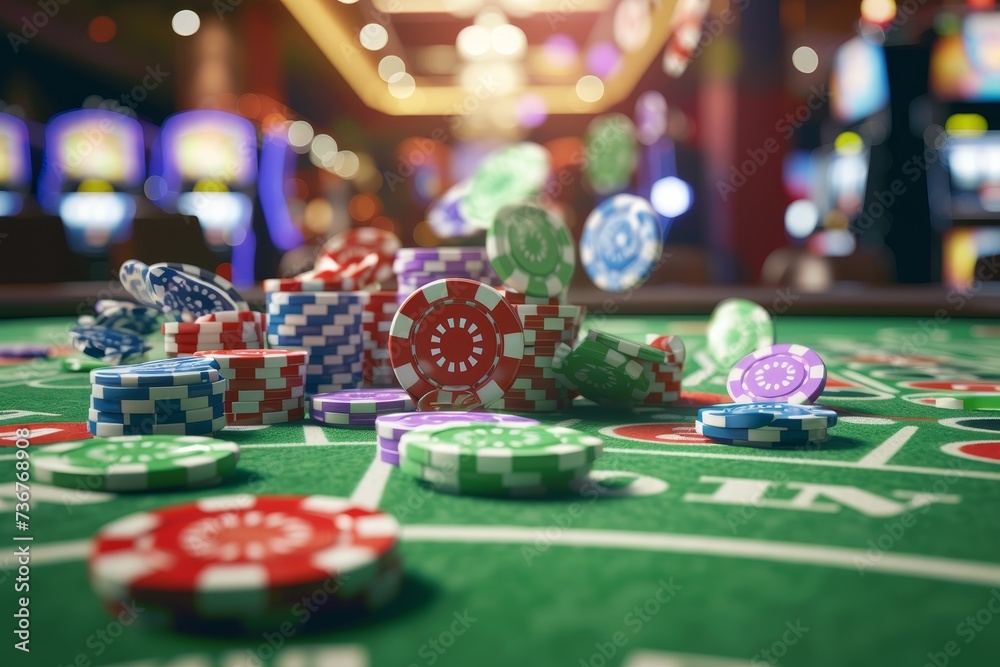 Vibrant casino chips spread over a gaming table with bright colorful bokeh lights in the background Vibrant casino chips spread over a gaming table with bright colorful bokeh lights in the background