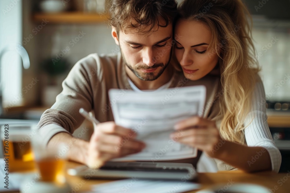 An intimate moment as a couple works together, reviewing important documents over a laptop and tea An intimate moment as a couple works together, reviewing important documents over a laptop and tea