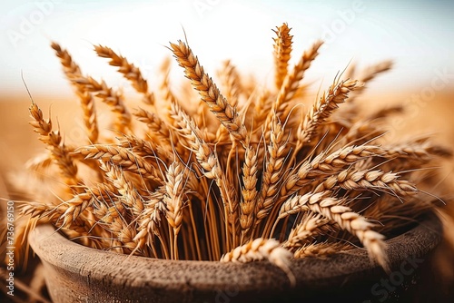 Crisp and detailed image of sheaves of wheat bundled together in a rustic basket