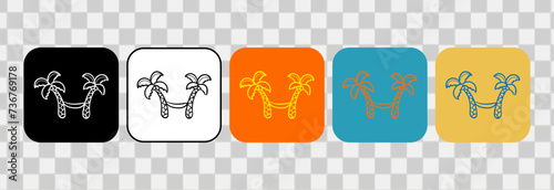 Hammock on palm tree icon set collections, handdrawn outline. For logotype, clip art, symbol, sticker, or web design. 600 px X 600 px rectangular icon, vector flat illustration.