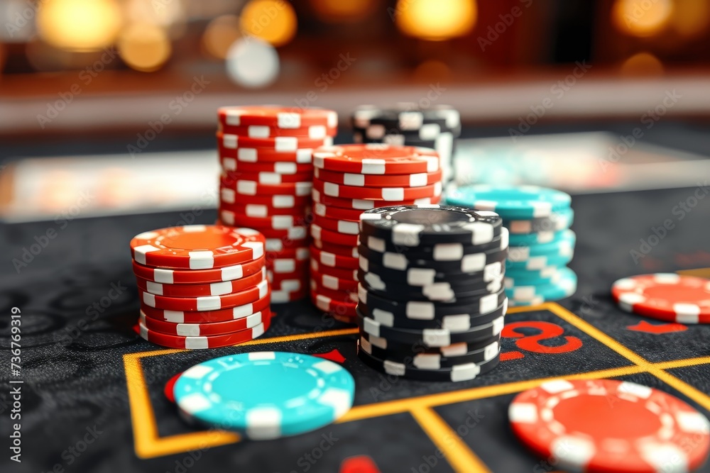 High-quality image of multiple stacks of casino chips on a felt table signifying high-stakes gambling
