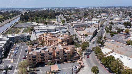 View of the urban core of downtown Bell Gardens, California, USA.