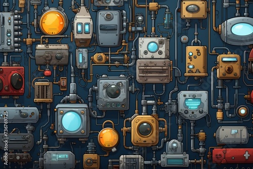 Immerse yourself in a cartoon world of outdated technology with an old tech background, showcasing amusing gadgets, retro computers, and a lively, Generative AI photo